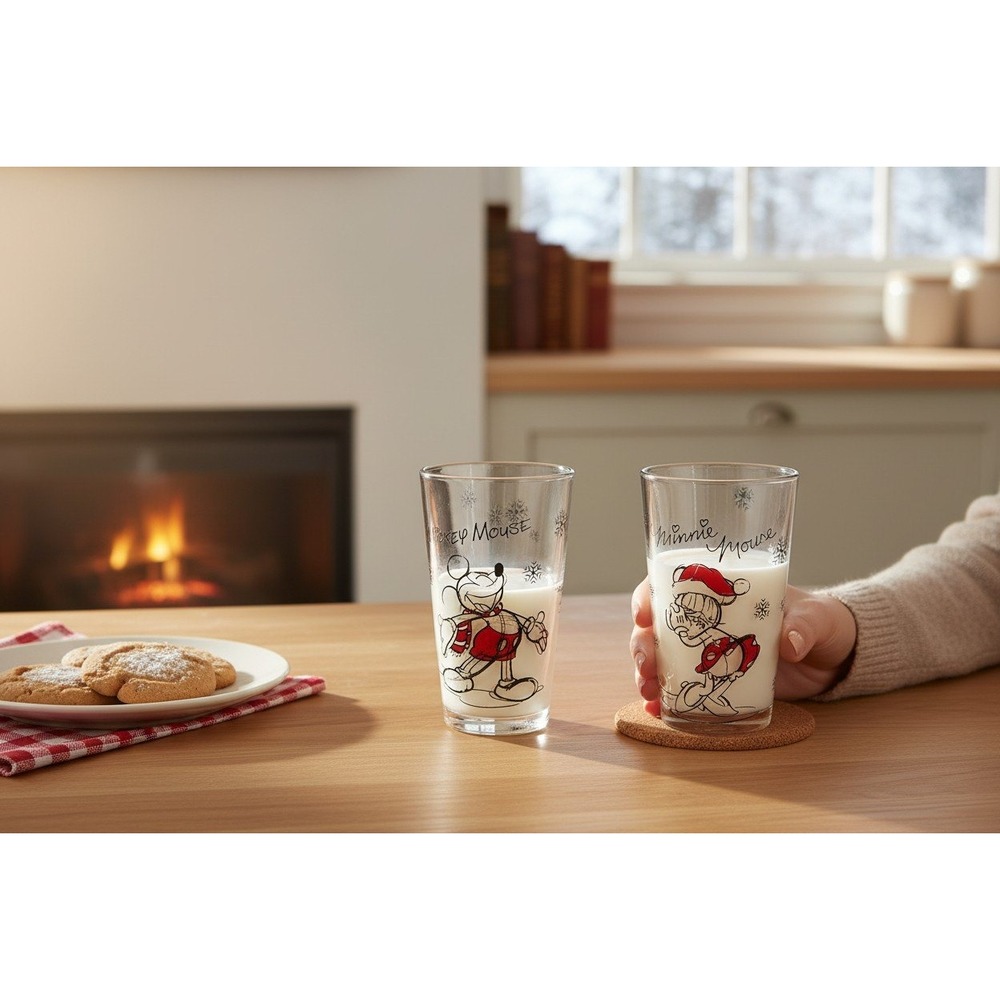 Disney Christmas Mickey Minnie Mouse Sketchbook Set of 2 Glasses Tumblers 16oz
